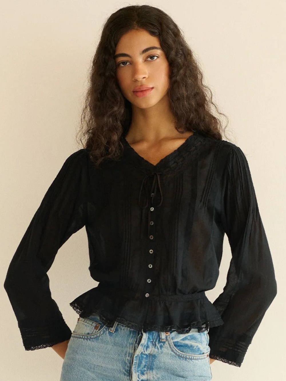 Doen Hillock Cotton Lace V Neck Button Ruffle Pintuck Trim Long Sleeve Top Black
